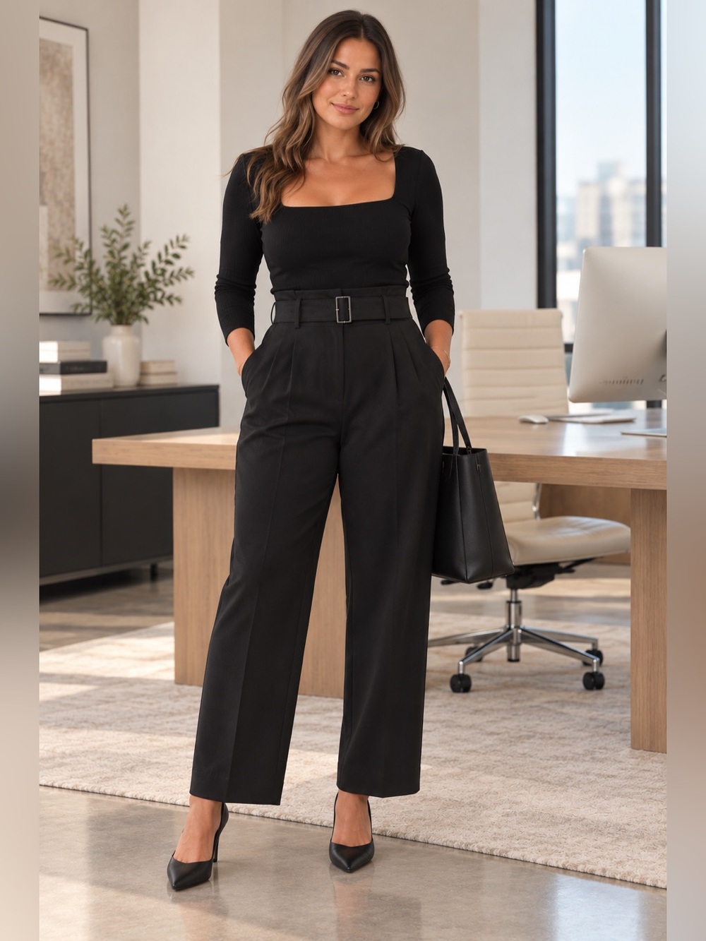 💎 Aritzia Babaton Power Pant Black High Rise Belted Trouser Size 10